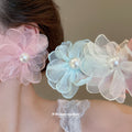 Asymmetric Sheer Flower and Pearl Like Stud Earrings view 1