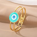Gold Tone Round Glass Evil Eye Hinged Cuff Bracelets in Eight Colors view 2