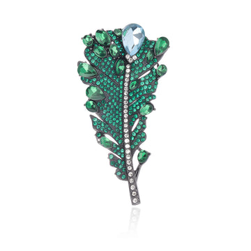 Green Feather Crystal Two Designs Metal Brooch Pin
