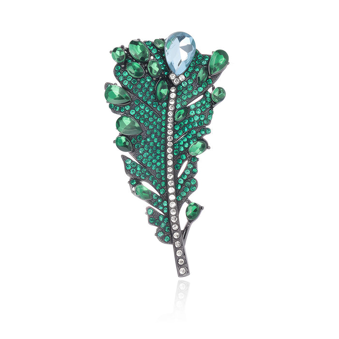 Green Feather Crystal Two Designs Metal Brooch Pin