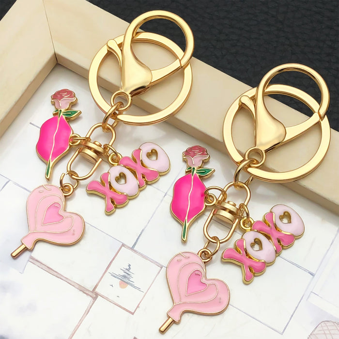 Twelve Pink and Red Rose Heart Metal Keychain Designs
