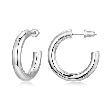 Silver Tone Rounded Hoop Stud Earrings with Polished Metal Finish