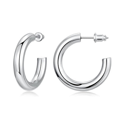 Front view of smooth rounded silver-tone hoop studs
