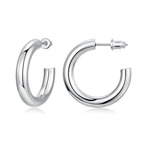 Front view of smooth rounded silver-tone hoop studs