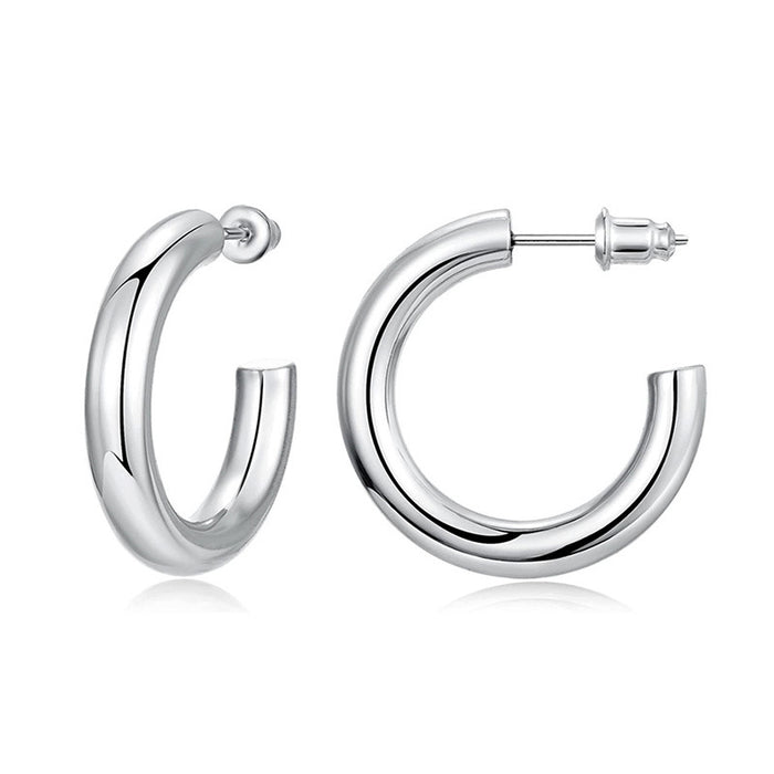 Silver Tone Rounded Hoop Stud Earrings with Polished Metal Finish
