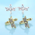 Dragonfly Clear Stone Huggie Hoop Earrings Gold White Metal view 2