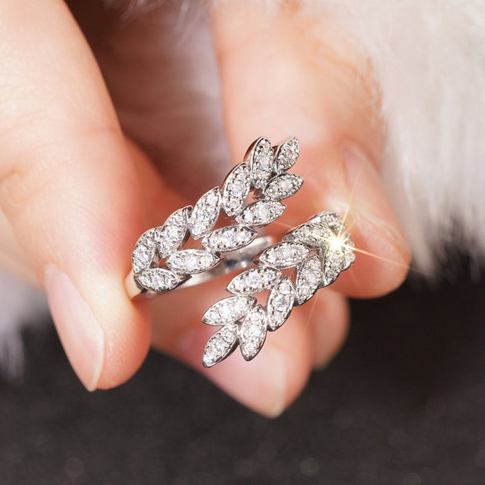 Silver Tone Crystal Leaf Open Ring Polished Statement Fashion Jewelry