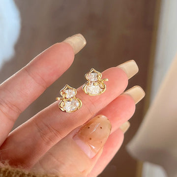Gold Gourd Shape Crystal Stud Earrings with Open Frames