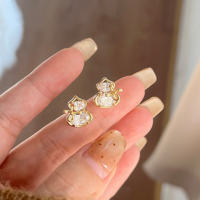 Gold Gourd Shape Crystal Stud Earrings with Open Frames