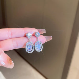 Silver Tone Oval Halo Floral Cluster Drop Earrings