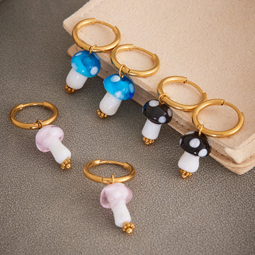 Gold Hoop Resin Polka Dot Mushroom Drop Earrings Five Colors