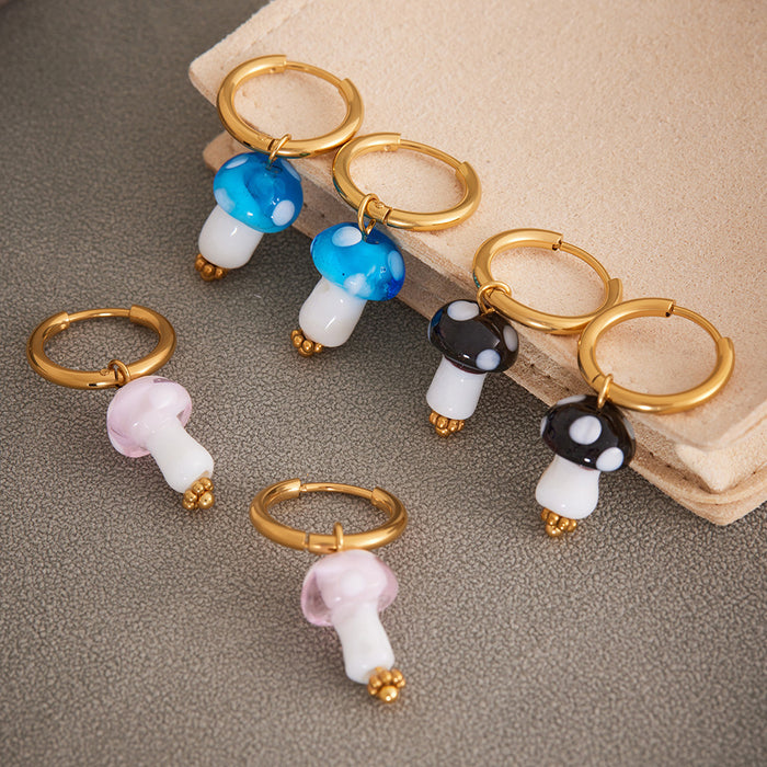 Gold Hoop Resin Polka Dot Mushroom Drop Earrings Five Colors