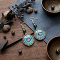 Blue Round Mandala Medallion Green Bead Hook Earrings view 3