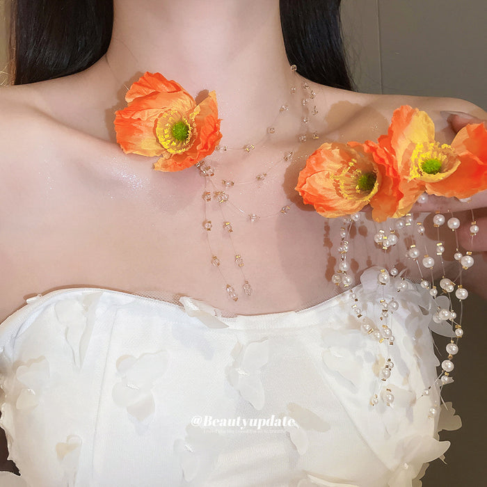 Orange Fabric Poppy Flower Pearl Tassel Earrings Necklace
