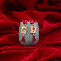 Red Flower Mahjong Tile Tassel Mismatched Stud Earrings view 2