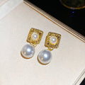 Gold Tone Square Pearl Drop Stud Earrings With Decorative Metal Accents view 6
