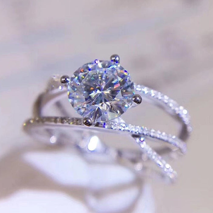 Silver Round Clear Four-Prong Crisscross Ring Alloy
