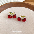 Glossy Red Cherry Stud Earrings With Green Leaf Accents view 2