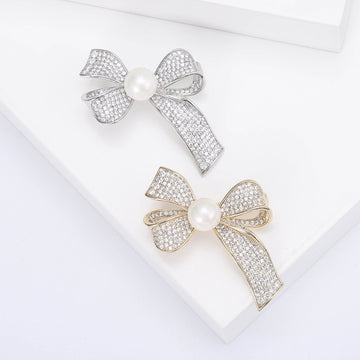 Crystal Ribbon Bow Brooch With Pearl in Gold or Silver Tone