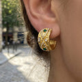 Textured C Hoop Earrings Green Stones Clear Crystals view 4