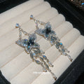 Blue Crystal Butterfly Long Tassel Stud Earrings Statement Pair view 4