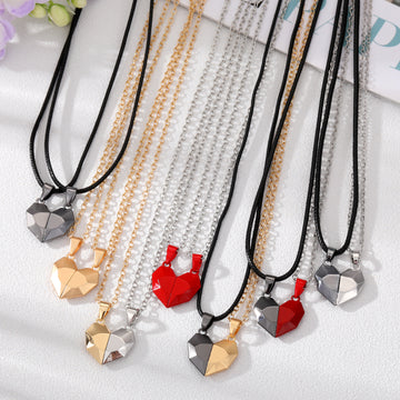 Two Piece Faceted Magnetic Heart Couple Necklace Sets