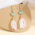 Mint Green Butterfly White Petal Drop Earrings Gold Hook view 1