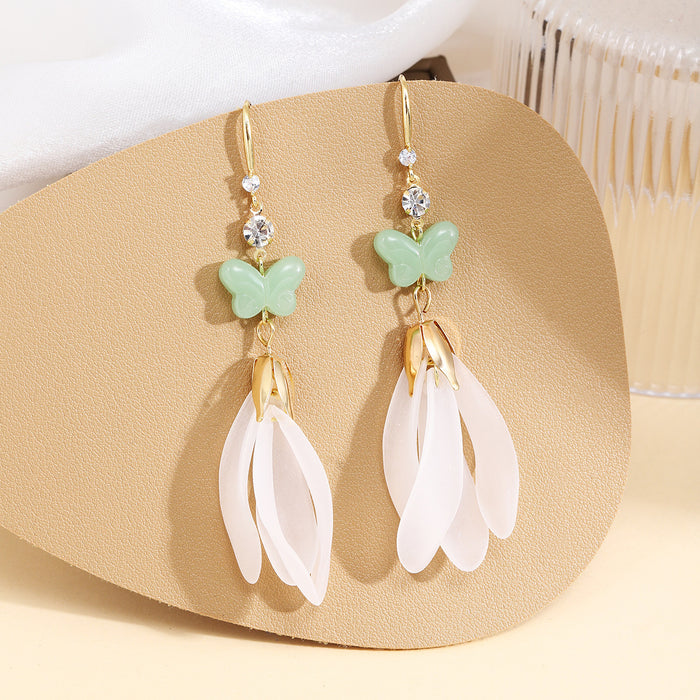 Mint Green Butterfly White Petal Drop Earrings Gold Hook