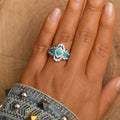 Silver Tone Turquoise Enamel Boho Statement Finger Ring Sizes 6-10 view 3