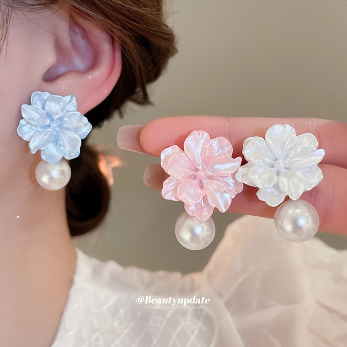 Resin Flower Stud Earrings With Pearl Drops In Three Colors