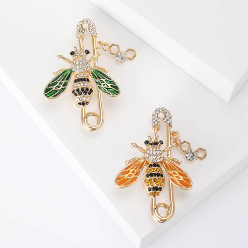 Green and yellow wing bee safety pin brooches with honeycomb charms
