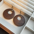 Brown Wood Look Oversized Open Round Disc Hook Earrings view 4