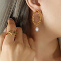 Double Bead Oval Hoop Pearl Drop Earrings Gold Steel view 4