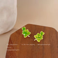 Green Enamel Leaf Clover Gold Tone Post Stud Earrings view 4