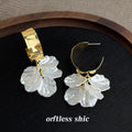 Gold Wide Hoop White Pearl Flower Petal Drop Earrings view 3