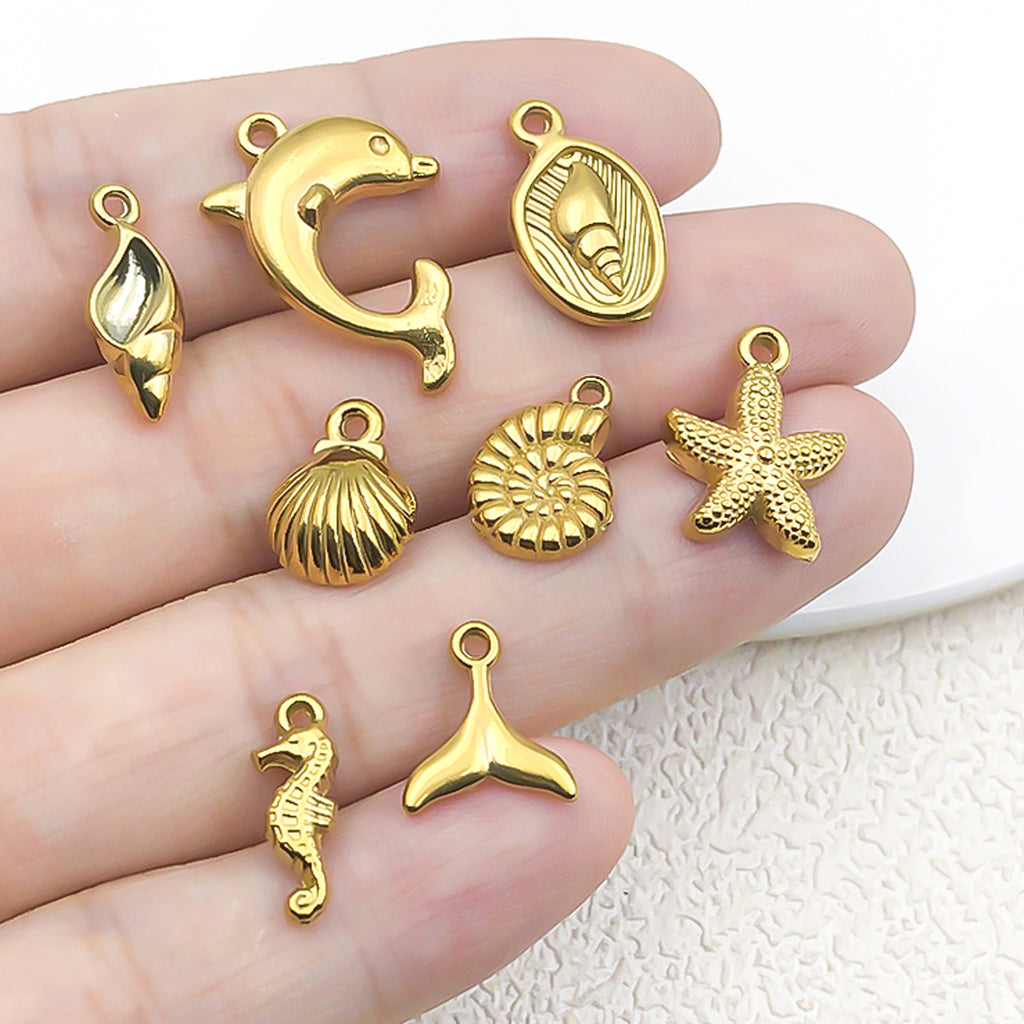 Gold Stainless Steel Starfish Seahorse Conch Shell Charm Pendants for DIY Jewelry