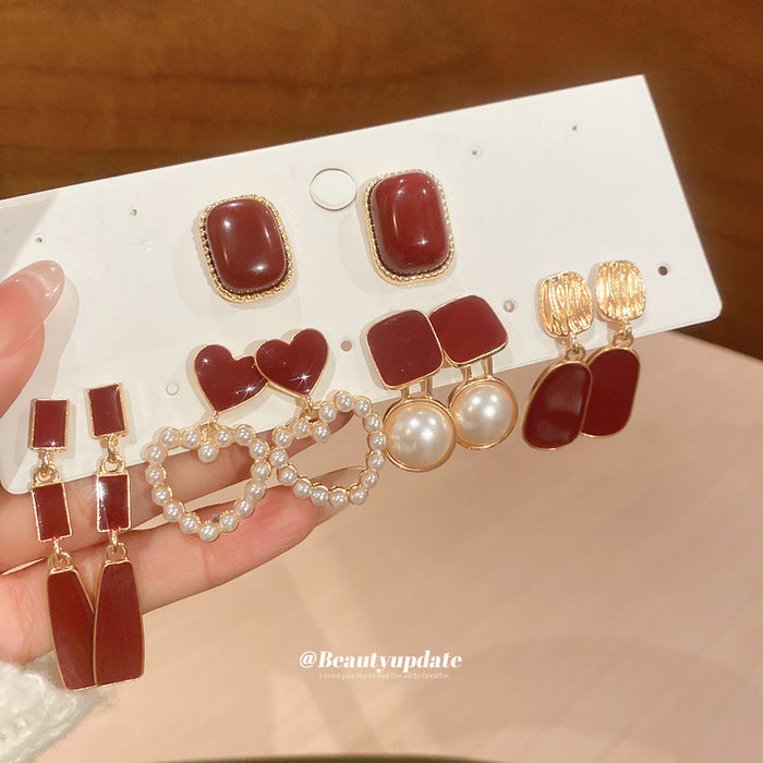 Gold Enamel Heart Oval Pearl Stud Drop Earring Five Pair Set