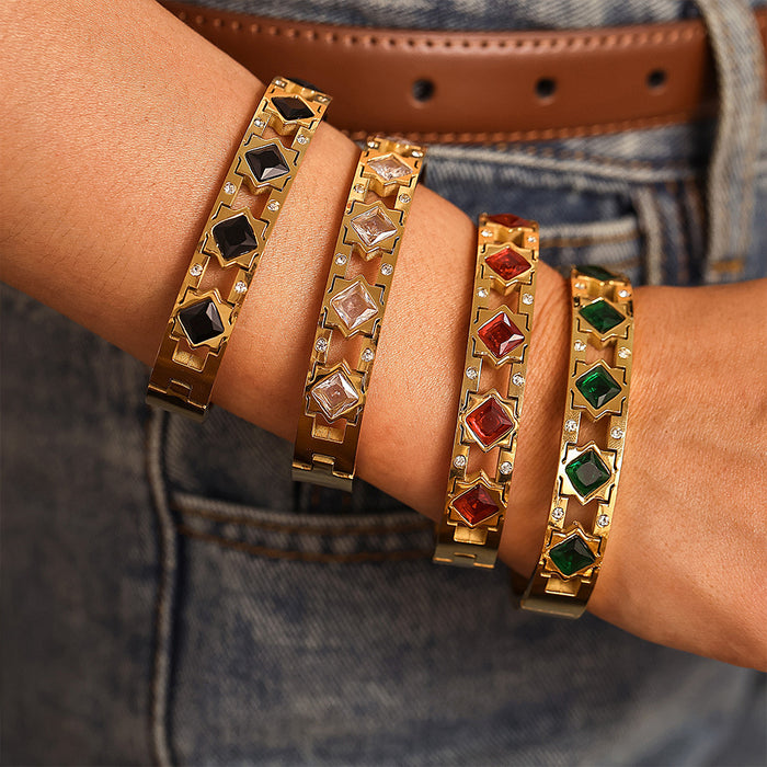 Gold Hinge Bangle Square Glass Zircon Star Frame Four Colors