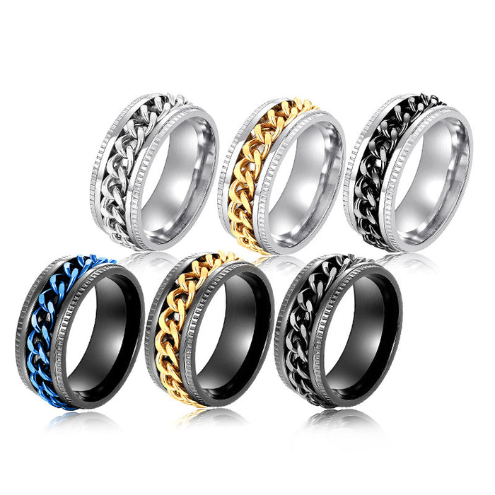 Chain-Center Spinner Wide Band Ring In Six Color Combinations