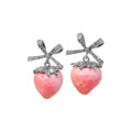 Pink Strawberry and Crystal Bow Drop Stud Earrings view 5