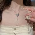 Rhinestone Butterfly Pearl Lariat Necklace Silver Gold view 1
