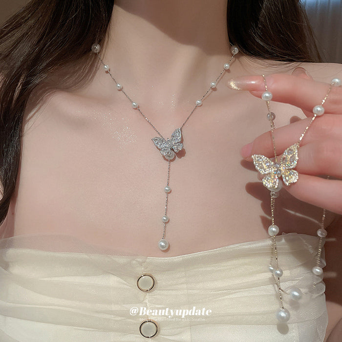 Rhinestone Butterfly Pearl Lariat Necklace Silver Gold
