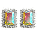 Silver-Tone Iridescent Rectangle Halo CZ Stud Earrings view 5