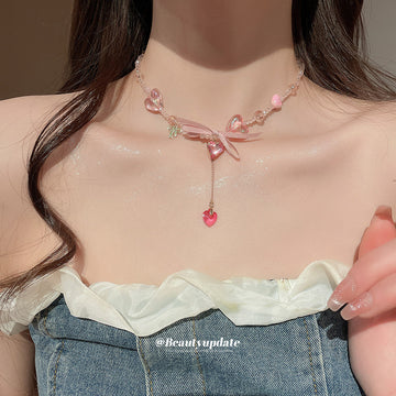 Pink Heart Bow Resin Beaded Lariat Drop Choker Necklace