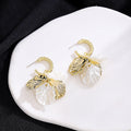 White Petal Gold Leaf Hoop and Hook Dangle Earrings view 6