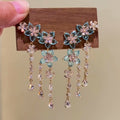 Pastel Crystal Flower Earrings with Long Beaded Fringe view 2