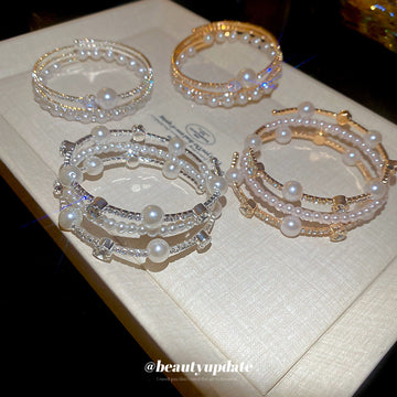 Three Mixed Multirow Pearl Like Crystal Open Cuffs In Two Tones