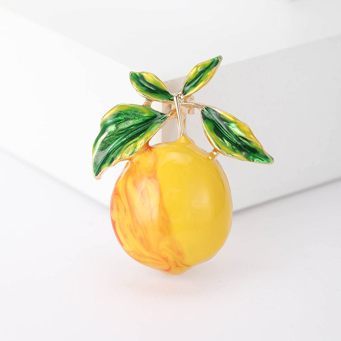 Yellow Lemon Enamel Brooch Green Leaves Gold Tone Stem