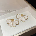 White Enamel Fan Petal Gold Tone Statement Stud Earrings view 6