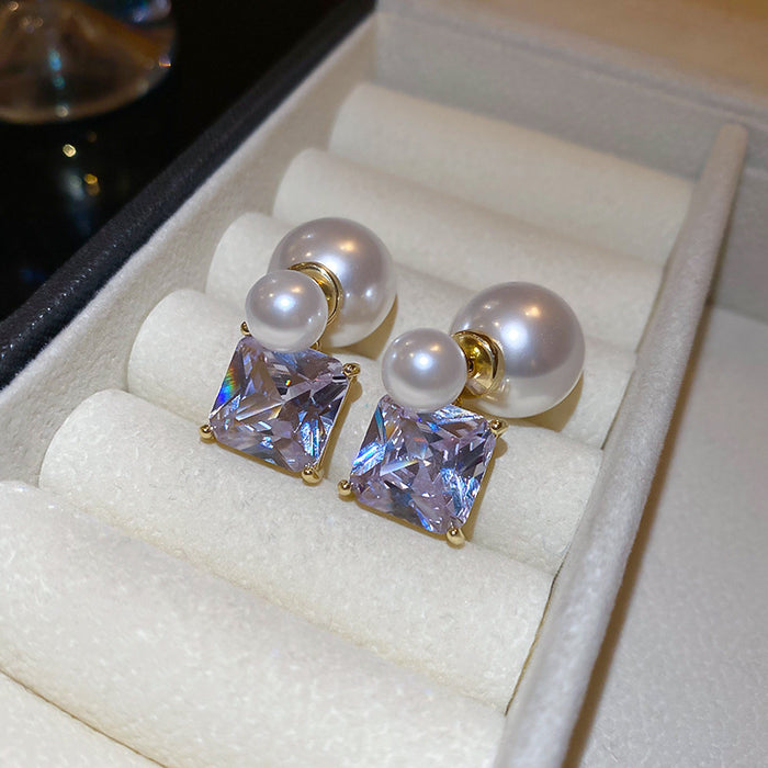 Square Crystal and Pearl Stud Earrings for Women Fashion Jewelry